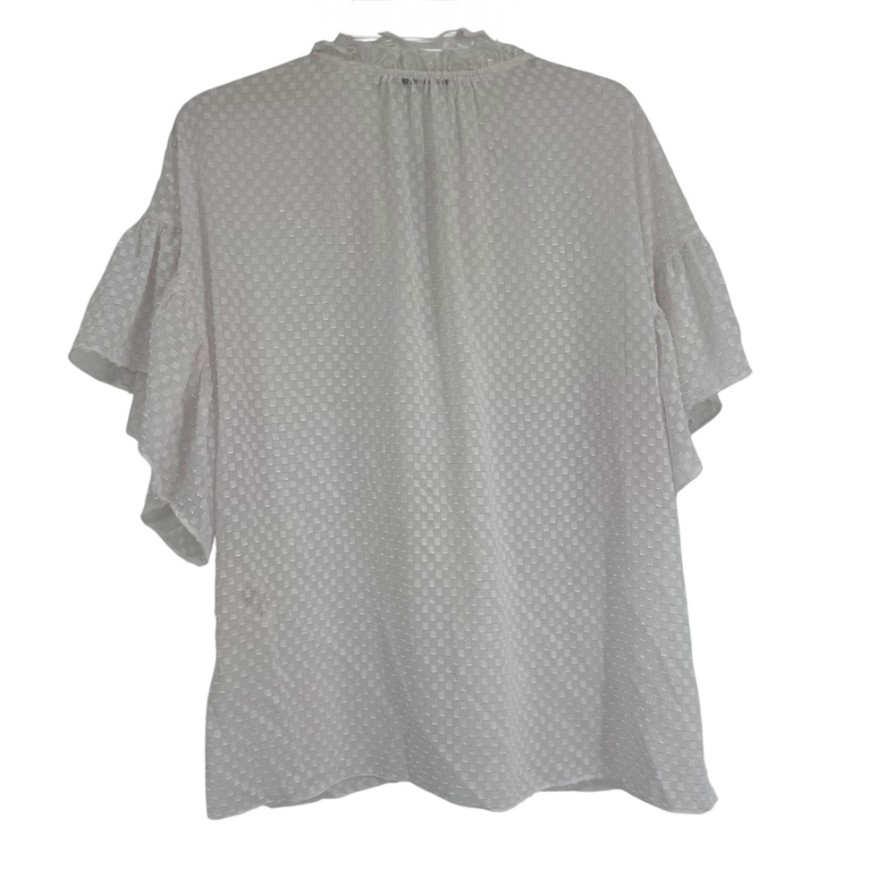 Alice + Olivia Semisheer Blouse Size L Julius White Ruffle Sleeve Clip Dot - Picture 2 of 7